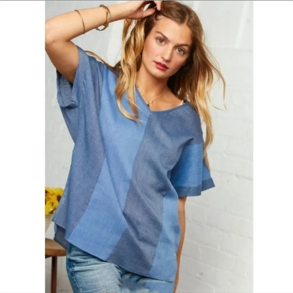 Blue Denim Look Color Block Top - Picture 1 of 4